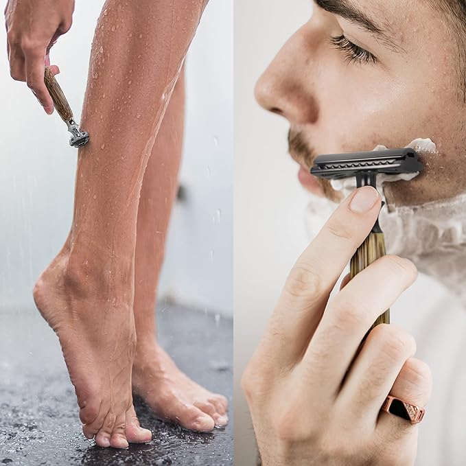 Bambaw Double Edge Safety Razor Men & Women with 5 Replacement Shaving Blades, Women Razor One Blade, Close & Smooth Shave (Thick Bamboo Black)