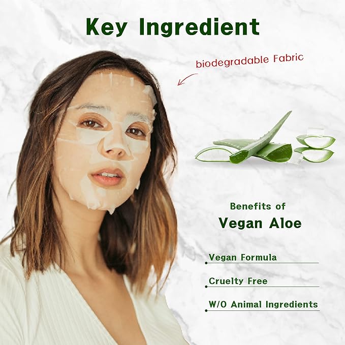 Purederm Vegan Aloe Sheet Masks (12 Packs) – Facial Sheet Mask for Soothing & Hydrating Treatment