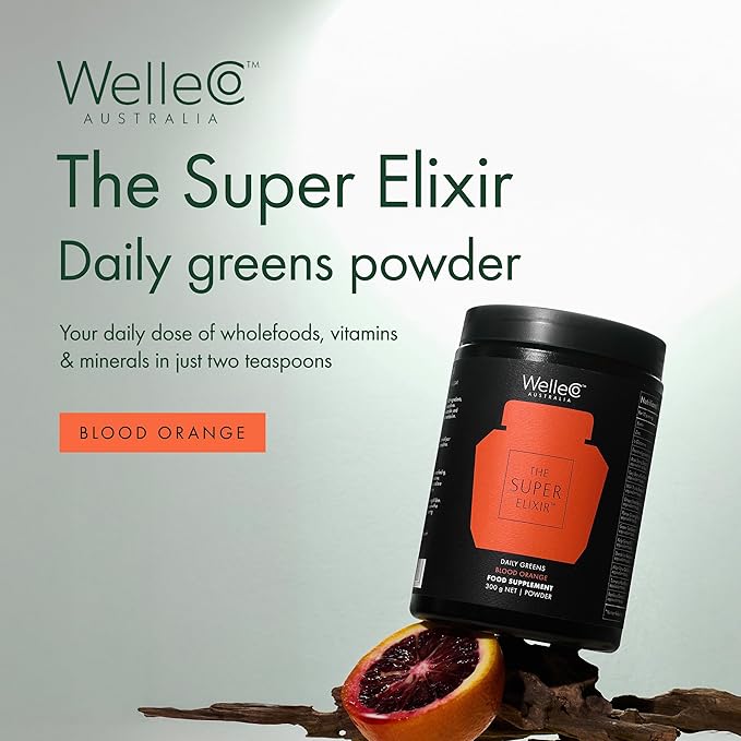 WelleCo The Super Elixir Daily Greens Powder, Probiotic Drink Mix with Whole Foods, Gluten Free, Vegan Gut Health Powder, Energy, Immunity, Healthy Skin, Hair & Nails (Jar, Blood Orange)