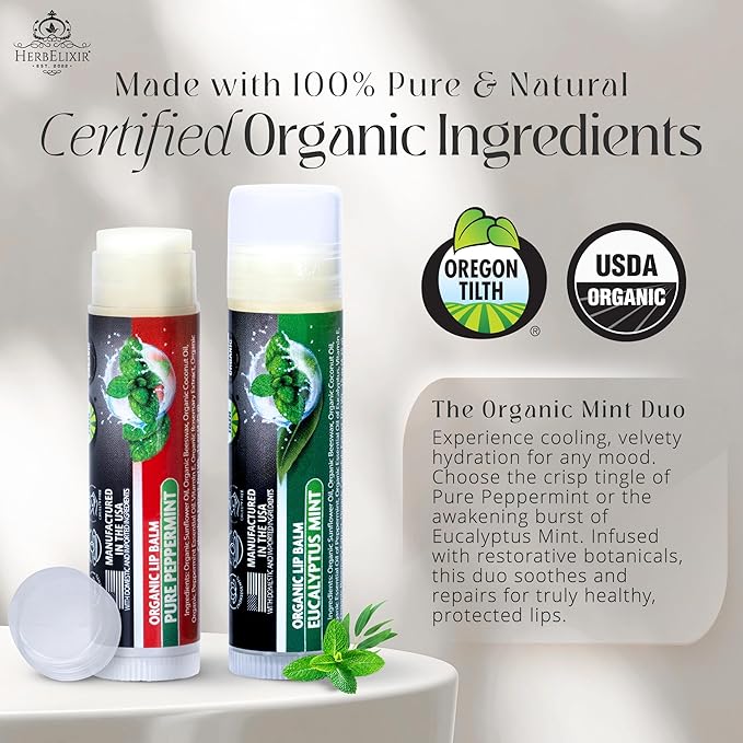 Organic Lip Balm Variety 4 Pack | Peppermint & Eucalyptus Mint Chapstick Set | Moisturizing for Dry Lips | For Men and Women