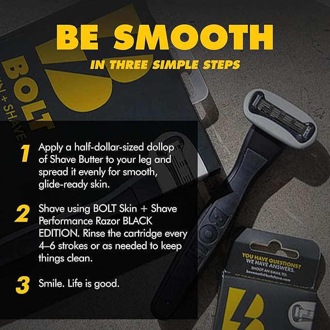 BOLT Skin + Shave - Starter Kit Black Edition - Performance Razor, Shave Butter & 3 Refill Cartridges - Smooth Shave for Body & Legs