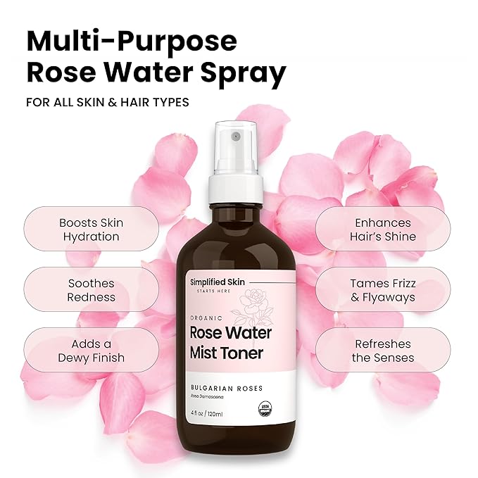Rose Water Spray for Face & Hair – Pure USDA Organic Rosewater Toner – Refreshing Mist for Skin Care, Makeup & Locs – Natural Rose Scent, 4 Oz (2 Pack)