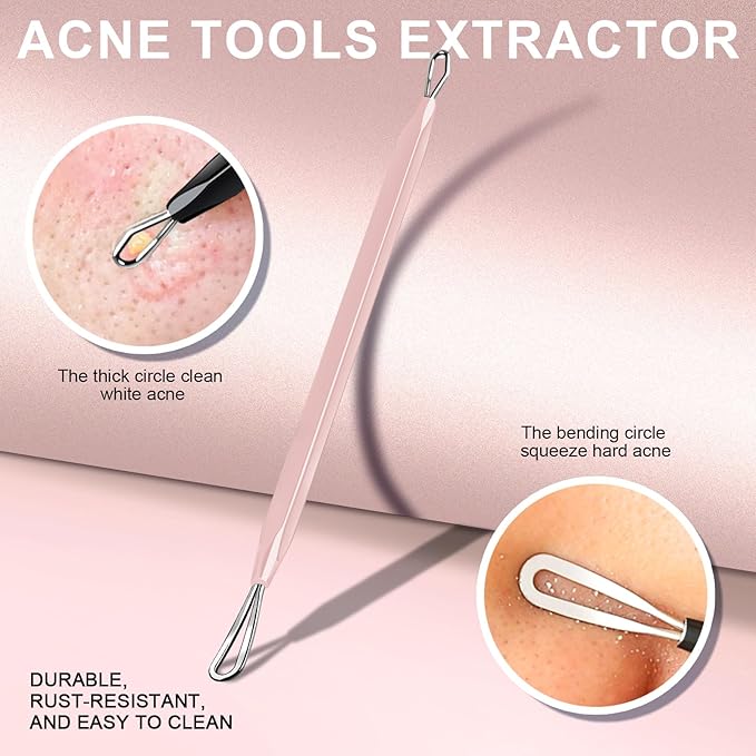 Teenitor Pimple Extractor Acne Treatment Tool Blackhead Comedone Removal 2-in-1 Popper Tool for Face Blackhead Extractor Tool Pink