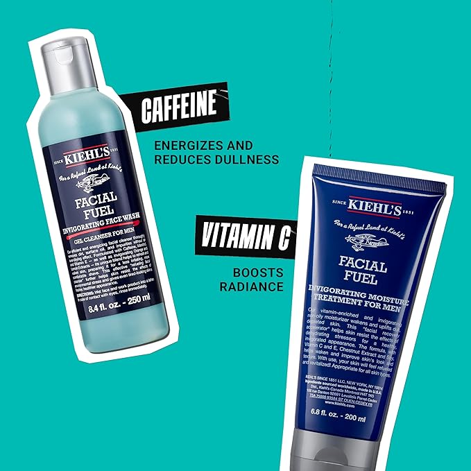 Kiehl's Essentials Men's Skincare Gift Set - $75 Value Routine Including Facial Fuel Cleanser and Moisturizer - Awaken & Hydrate Skin
