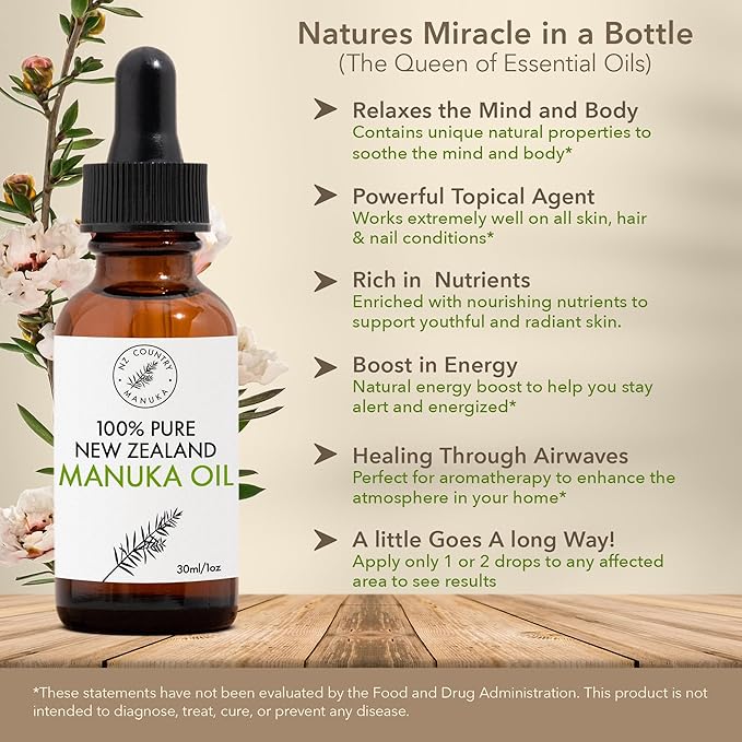 NZ Country Manuka 100% Pure New Zealand Manuka Oil | Organic Essential Oil | 35x Stronger Than Tea Tree | Natural Skin Care | Toenails | Diffuser | Aromatherapy | Nails | Hair | Skin | Lips