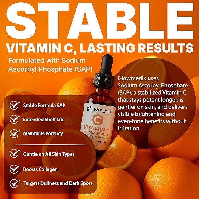 GlowMedik Vitamin C Serum for Face – Brighten + Smooth Vit C Serum Face with Hyaluronic Acid, Vitamin E & MSM, Hydrates & Firms Dull or Uneven Skin for a Radiant, Youthful-Looking Glow, 30ml