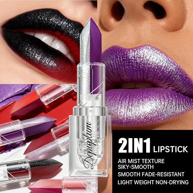 2 in 1 Dark Red Matte Lipstick Glitter Silver Lipstick Dual Sided Waterproof Lipsticks for Women One Stroke Two-Tone Long Lasting Lip Stick for Christmas Halloween,DU-Q9