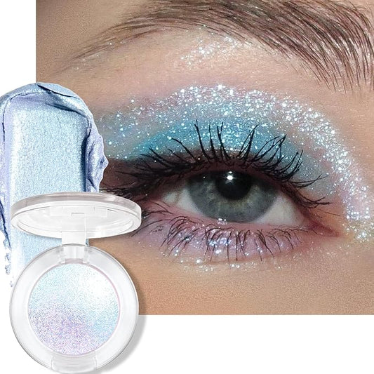Holographic Blue Glitter Eyeshadow - Multichrome Color Shift Shimmer Eyeshadow Palette, Chameleon Glitter Eye Shadow, Cream to Powder Sparkling Inner Corner Eye Face Highlighter Makeup, #04
