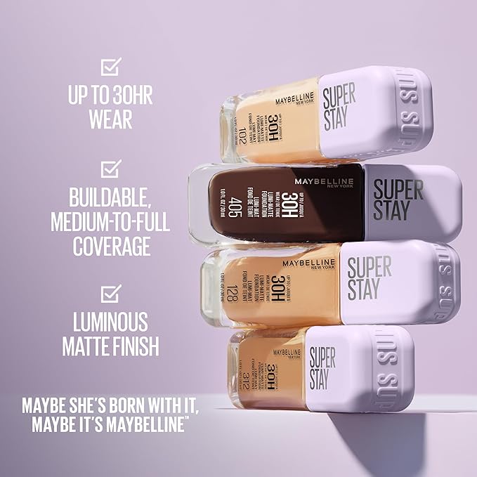Maybelline Super Stay Lumi-Matte Foundation, Lightweight and Buildable Full Coverage Foundation Makeup For Up To 30HR Wear, 129, 1 Count