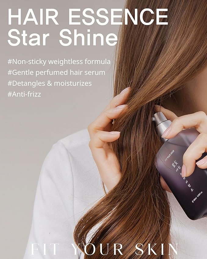 FIT YOUR SKIN Star Shine Hair Essence - Frizz Control Nourishing Hair Oil Serum for Damaged & Dry Hair - Smooths Ends Adds Shine - Nature Derived Oil & Argan Oil - Floral Musk Scent - 3.38 fl.oz