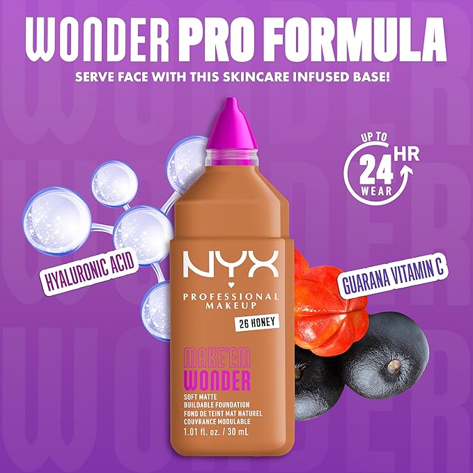 NYX PROFESSIONAL MAKEUP Make 'Em Wonder Liquid Foundation, 24HR Foundation Makeup With A Soft Matte Finish, Buildable Full Coverage - 26 Honey