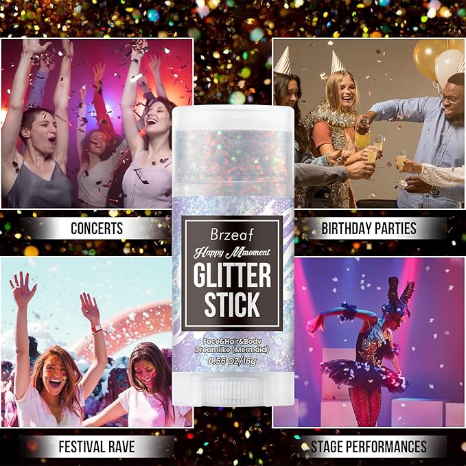 Brzeaf Waterproof Mermaid Glitter Stick, Shimmery& Long Lasting, Christmas Hair Eyeshadow Face Body Glitter, Singer Concert Music Rave Festival, Glitter Stick Makeup & Face Glitter Gel for Women Men