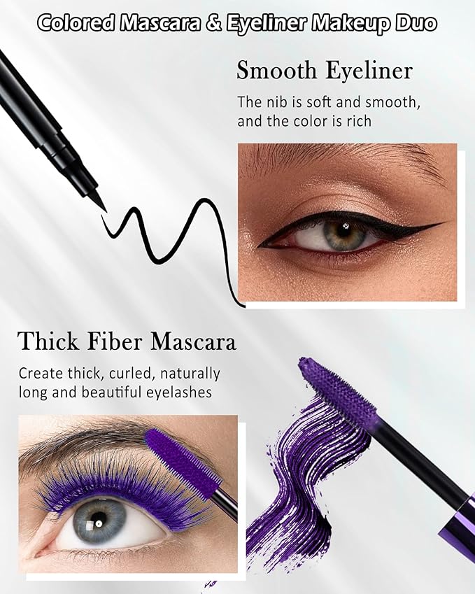 Black Waterproof Mascara & Eyeliner, 5D Silk Fiber Lash Extension Colored Tube Mascara Volume and Length,Long-Lasting Smudge-Proof Volumizing Colorful Máscara and Liquid Eyeliner Pen Set for Women