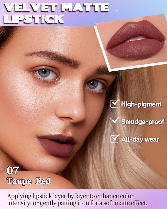 Matte Lipstick, Velvet Taupe Red Lip Stick Crayon Pencil, Waterproof Long Wear Lipstick 24 Hour High Pigmented, Smudge-proof Non-stick Hydrating Natural Lipgloss Christmas Makeup gift for Women-07