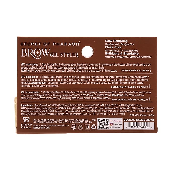 EBIN NEW YORK Secret of Pharaoh Brow Gel Styler in Medium Brown - Water Resistant, Long Lasting Eyebrow Gel for Natural Makeup Look, Great for Lift-Up Styling, Biotin and Aloe Vera Infused