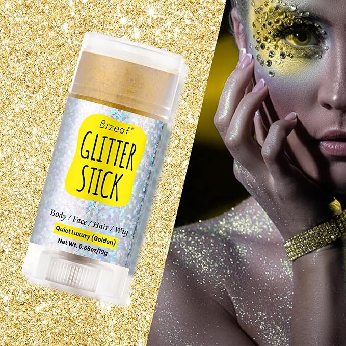 Brzeaf Golden Glitter Stick, Face Glitter Makeup, Shimmery & Long Lasting, Chunky Glitter for Face/Body/Hair/Eyes/Lip, Singer Concert Music Christmas Rave Festival