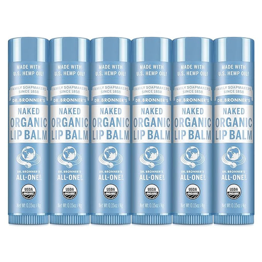Dr. Bronner’s Organic Lip Balm 6-Pack (.15oz) Natural, Moisturizing, Petroleum-Free Lip Moisturizer with Beeswax & Avocado Oil for Dry Lips, Men & Women - Unscented