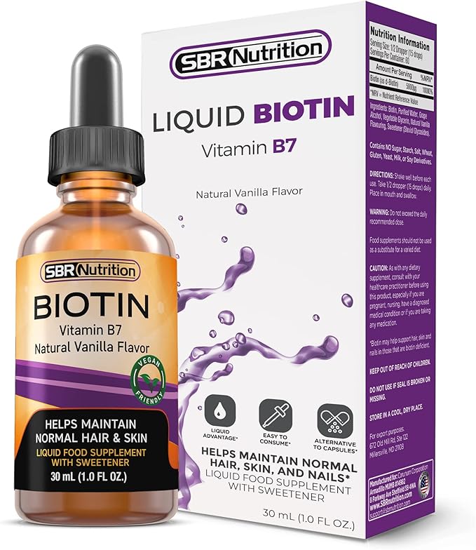 SBR Nutrition Biotin Liquid Drops, 5000mcg per Serving (60) 1.0Fl.oz (30ml) Vanilla