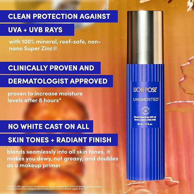 Lion Pose UNGHOSTED Sheer Tinted Mineral SPF 42 with Moisture-Boosting Squalane, Sunscreen for Face and Body, Mineral Sunscreen Lotion, UVA/UVB protection, 1.7 fl oz