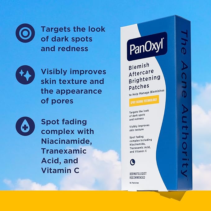 PanOxyl Blemish Brightening Patches: Dermatologist-Recommended, Help Fade Post-Acne Dark Spots and Reduce Redness, Large Clear Patches Cover a Bigger Area, Vegan & Latex-Free, 16ct