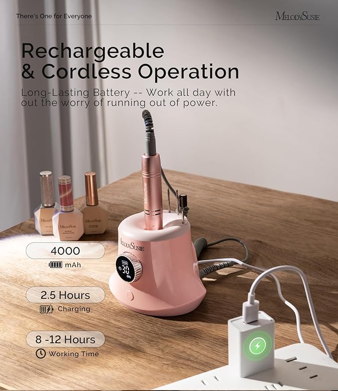 MelodySusie Multifunctional Upgraded Desktop Cordless Nail Drill with Bit Holders, SC320G 30000RPM E-File with Elegant Design for All Manicure Shaping & Gel Removal, Ideal for Nail Artists & Home Use