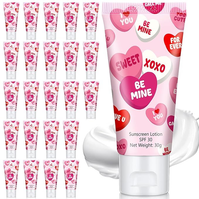 24 Pcs Mini Sunscreen Bulk for Valentine's Day Party Spf 30 Water Resistant Sunscreen Lotion Bulk 1oz Travel Size for Thank You Gifts Valentines Party Supplies