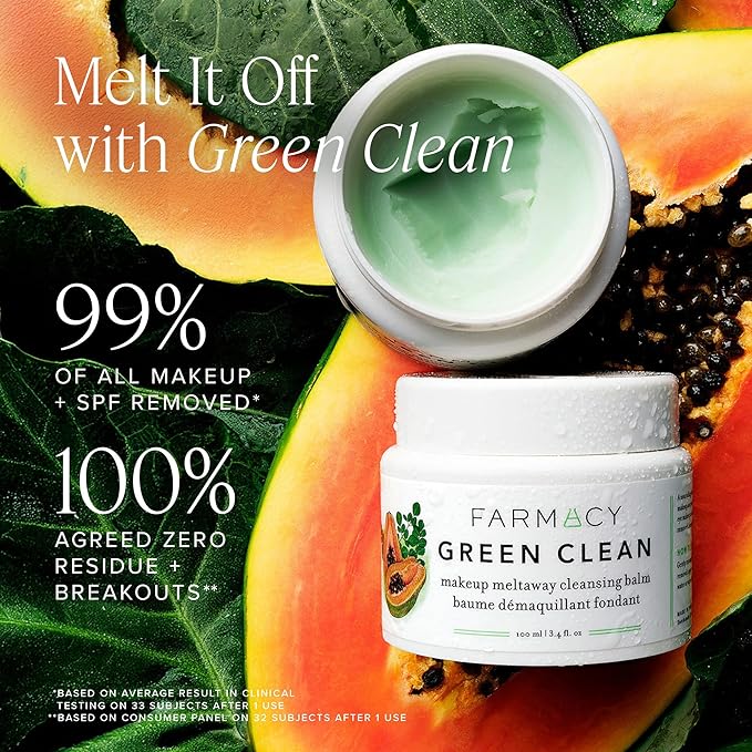 Farmacy Makeup Remover Cleansing Balm - Green Clean Waterproof Makeup Remover Balm + Oil Cleanser for Face - Gently Melts Make Up + SPF - Hydrates + Softens Skin with Super Greens + Papaya (100ml)