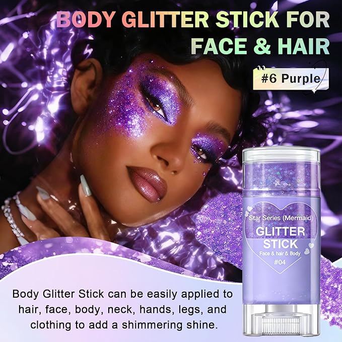 Purple Body Glitter Stick, Face Body Glitter Gel Holographic Hair Glitter Halloween Chunky Sequin Waterproof Face Paint Stick Glitter Makeup for Kids and Women