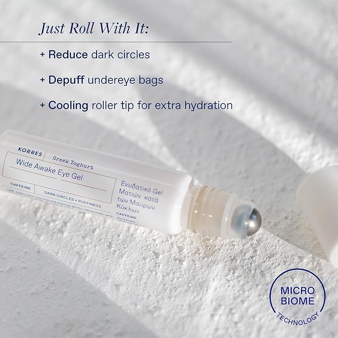 KORRES Greek Yoghurt Wide Awake Eye Gel Serum with Hyaluronic Acid & Caffeine for Dark Circles & Puffy Eyes, Roller Ball, Brightening & Hydrating, 0.51 fl oz
