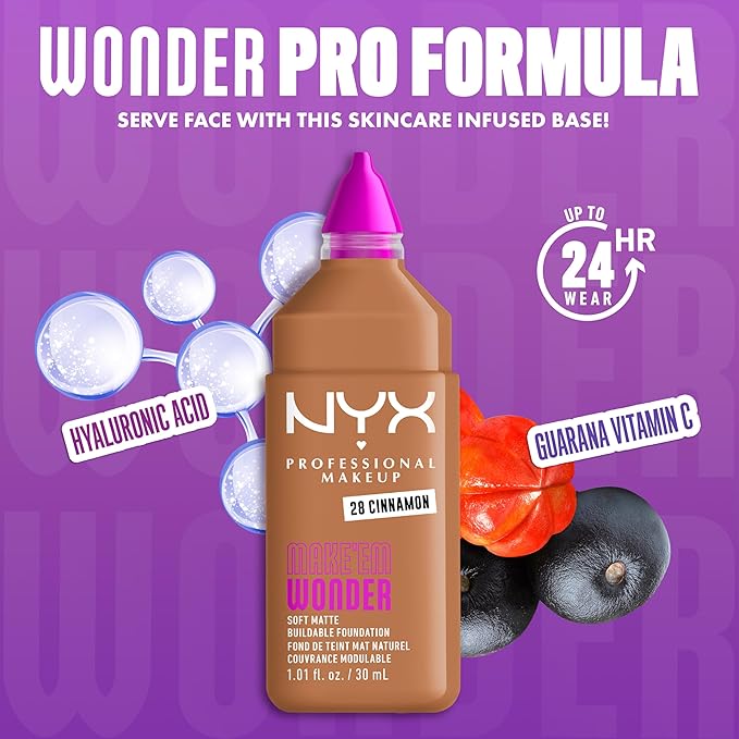NYX PROFESSIONAL MAKEUP Make 'Em Wonder Liquid Foundation, 24HR Foundation Makeup With A Soft Matte Finish, Buildable Full Coverage - 28 Cinnamon