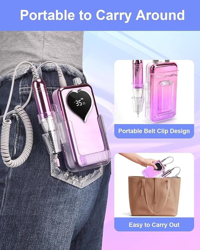 Electric Nail Drill Professional: Rechargeable Nail File with Bits for Acrylic Gel Nails, Professional Nail Drill Manicure Pedicure Polishing Shape Tools for Home Salon (Purple)