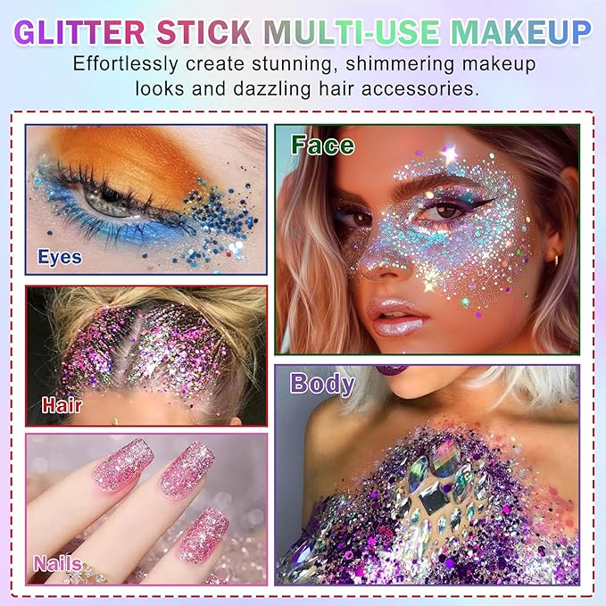 Purple Body Glitter Stick, Face Body Glitter Gel Holographic Hair Glitter Halloween Chunky Sequin Waterproof Face Paint Stick Glitter Makeup for Kids and Women