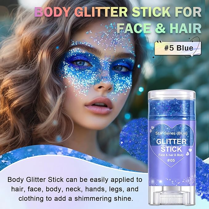 Blue Body Glitter Stick, Face Body Glitter Gel Holographic Hair Glitter Halloween Chunky Sequin Waterproof Face Paint Stick Glitter Makeup for Kids and Women