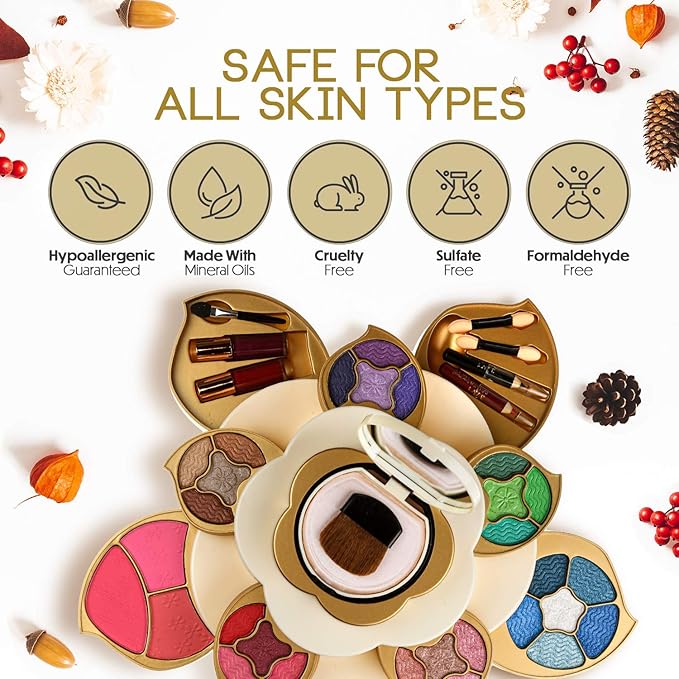 All In One Makeup Kit for Teens and Women - Flower Makeup Set for Girls 10-12 - Pigmented Eyeshadows, Lip Creams, Blushes, Concealer and Mirror - Full Starter Makeup Gift Set for Beginners