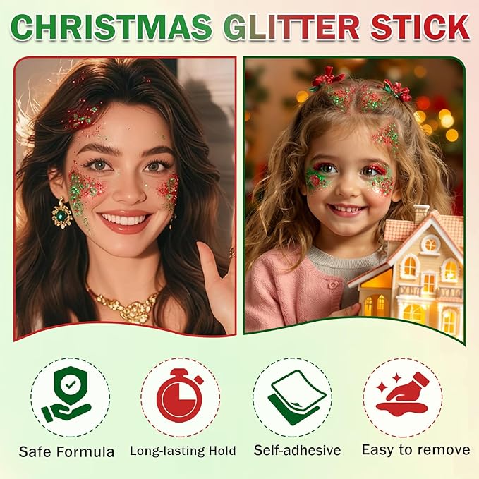 Christmas Body Glitter Stick, Face Body Glitter Gel Holographic Hair Glitter Halloween Chunky Sequin Waterproof Face Paint Stick Glitter Makeup for Kids and Women