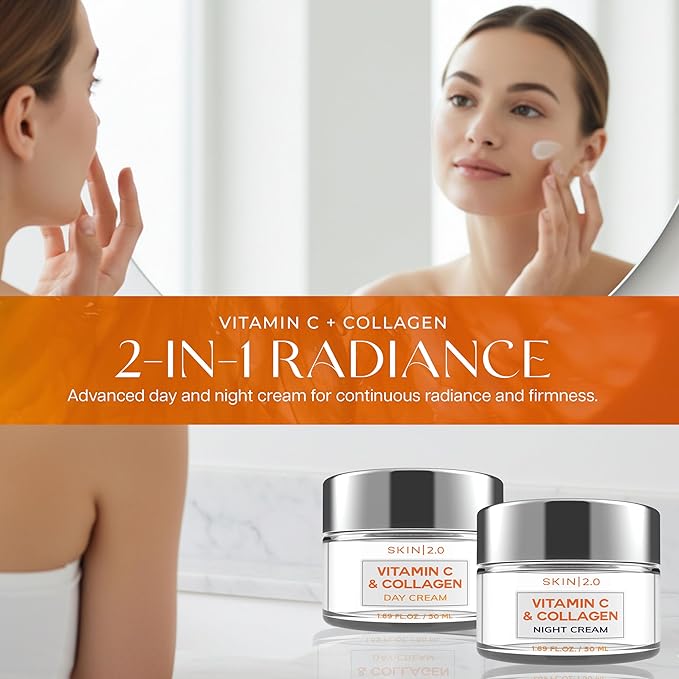 Skin 2.0 Vitamin C & Collagen Face Moisturizer – Anti Aging Day & Night Cream for Smooth & Radiant Skin, Firms & Restores Dull Complexion – Dermatologist Tested, Korean Skin Care Set, Vegan – Duo Pack