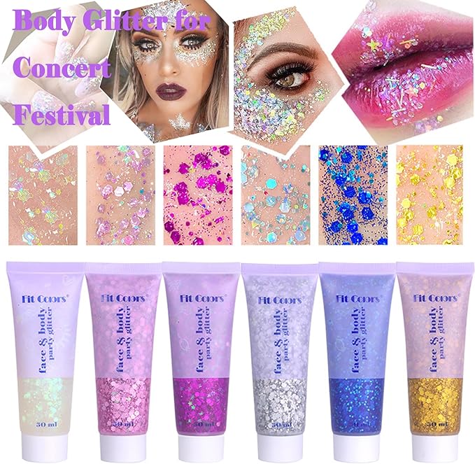 Body Glitter Face Glitter Gel: Singer Concerts Disco Festival Rave Accessories Face Glitter Makeup Chunky Sequins Mermaid Face Body Hair Glitter Gel (White&Silver&Pink&Gold&Blue&Purple&Rose)