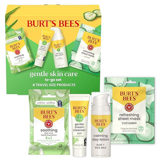 Burt's Bees Gentle Skin Care To-Go Set, Includes Cleanser, Towelettes, Lotion and Sheet Mask, Travel Size Facial Skin Care Products for Sensitive Skin, Natural Origin, 1 Gift Set