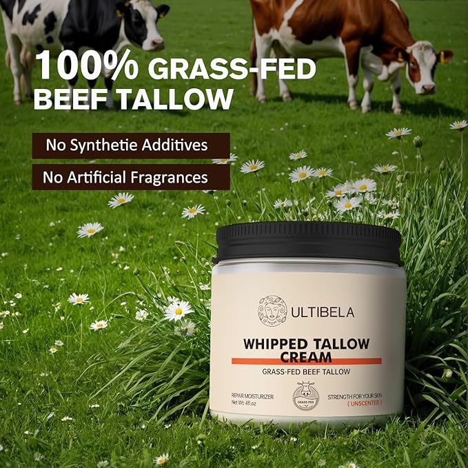Beef Tallow for Skin, 100% Grass-Fed Whipped Tallow and Honey Balm for Body ＆ Face Natural Body Cream for Dry & Sensitive Skin Care 4OZ (Unscented)