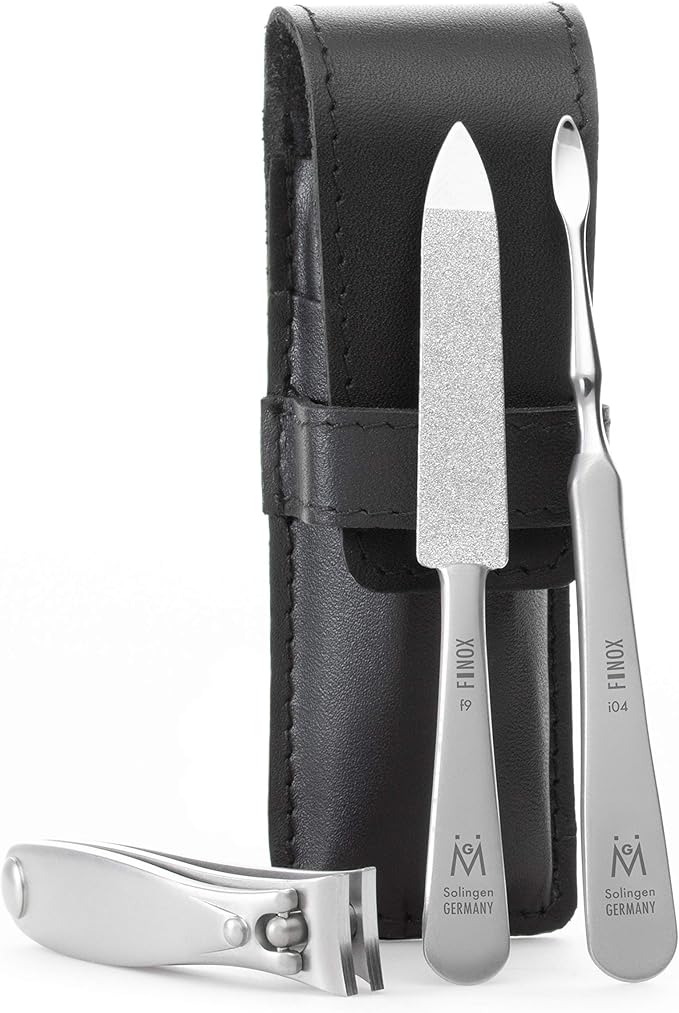 GERMANIKURE 3pc Mens Grooming Kit in Black Leather Case - Made in Solingen Germany of FINOX Stainless Steel: Fingernail Clipper, Nail Cleaner, and Sapphire Nail File