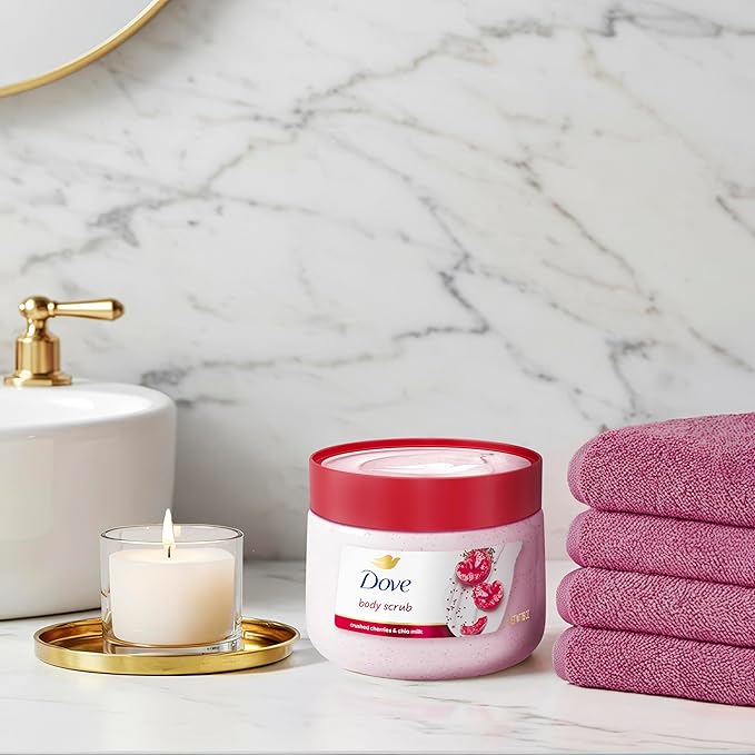 Dove Cherry & Chia Milk Body Scrub Exfoliates and Deeply Nourishes for Smooth, Radiant Skin 15 oz