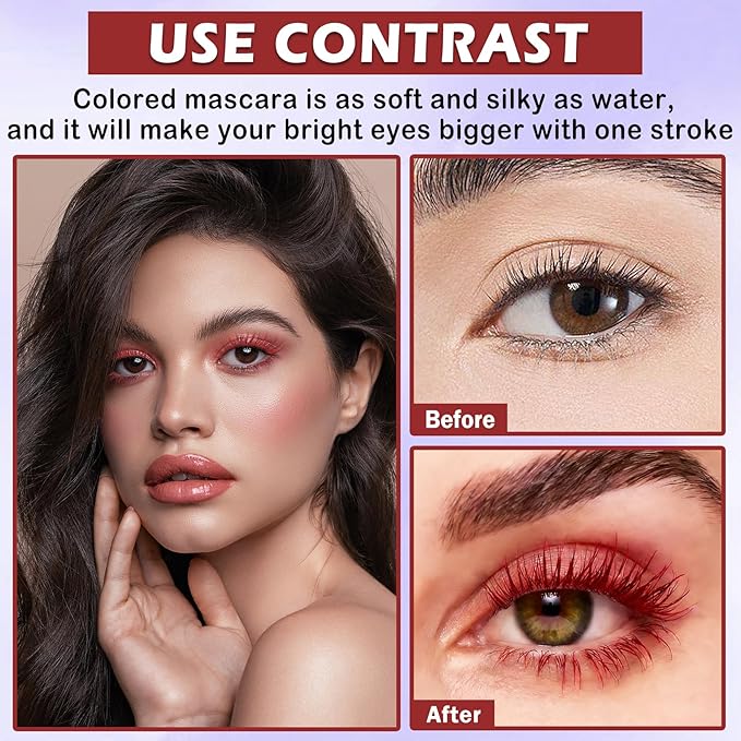 Burgundy Mascara for Eyelashes,5D Colored Mascara Volume and Length Waterproof,Natural Curling for Women Eye Makeup