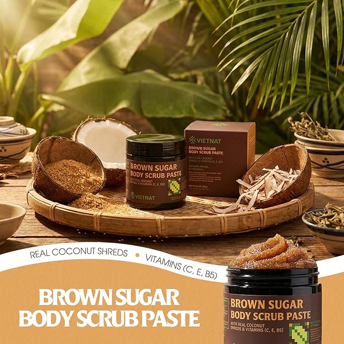 VIETNAT Exfoliating Brown Sugar Body Scrub with Coconut Shreds, Vitamins C, E & B5 – Softens & Refreshes Look of Skin – 8.8 oz