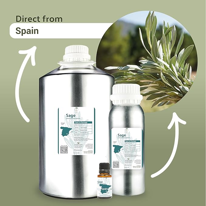 Sage Essential Oil - Direct from Essential Oils SL Spain - Steam Distilled - Aceite Esencial de Salvia for Aromatherapy, Massage, Diffuser, DIY Candle and Soap Making - 22lbs