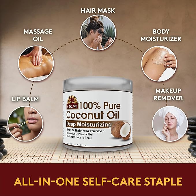 OKAY 100% Pure Coconut Oil for Hair & Skin - Coconut Oil for Women & Men, Perfect for Hair & body, Natural Massage Oil & Moisturizer - 6 fl oz Jar (Pack of 1)
