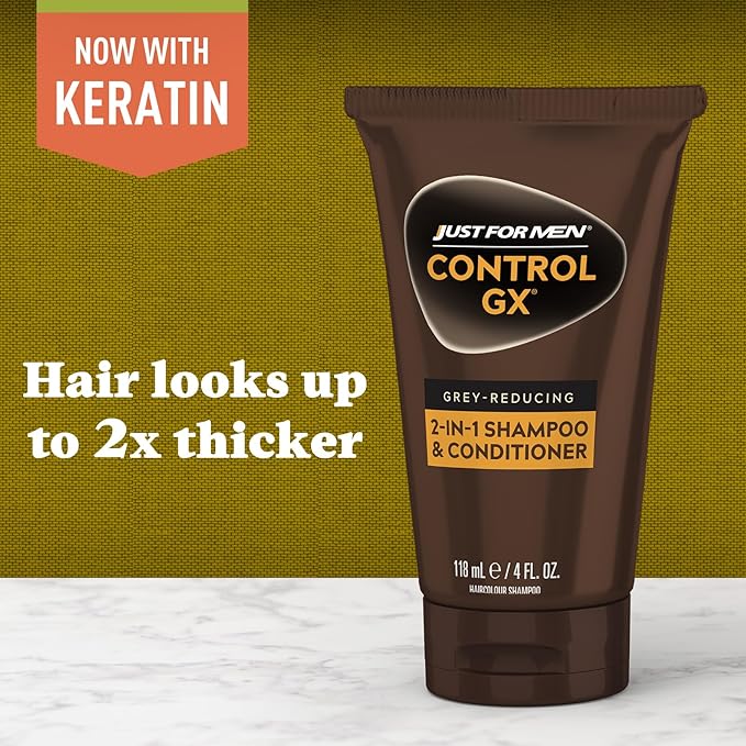 Just for Men Control GX Grey Reducing 2-in-1 Shampoo and Conditioner, Gradual Hair Color with Keratin for Stronger Thicker and Healthier Looking Hair, 4 Fl Oz - Pack of 1 (Packaging May Vary)