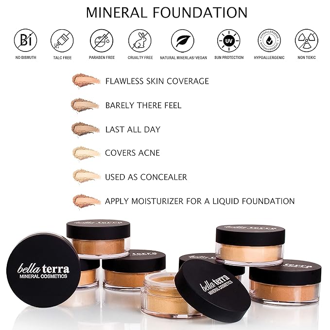 BellaTerra Cosmetics Mineral Powder Foundation – Latte | Medium Warm Shade | Smooth Matte Mineral Formula with Buildable Coverage for Balanced Complexions 9g
