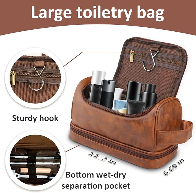 Sparklove Toiletry Bag for Men, Large Leather Shaving Kit, Travel Essentials, Gifts for Father, Dad, Boyfriend, Grandpa, Water-resistant Shaving Bag for Toiletries Accessories