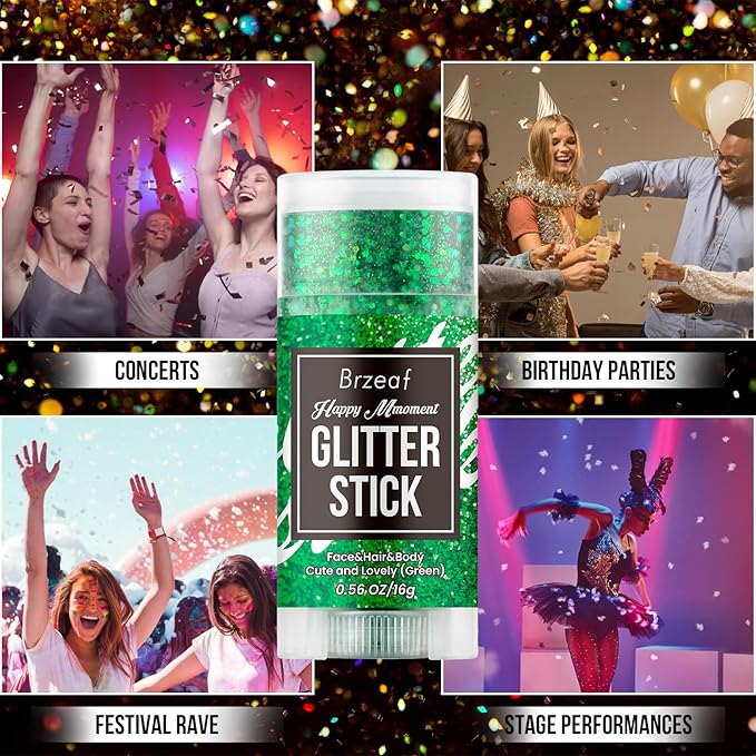 Brzeaf Waterproof Christmas Green Glitter Stick, Chunky Glitter for Face/Body/Hair/Eyes/Lip, Singer Concert Music Rave Festival, Glitter Stick Makeup & Face Glitter Gel for Women Men 0.56 OZ