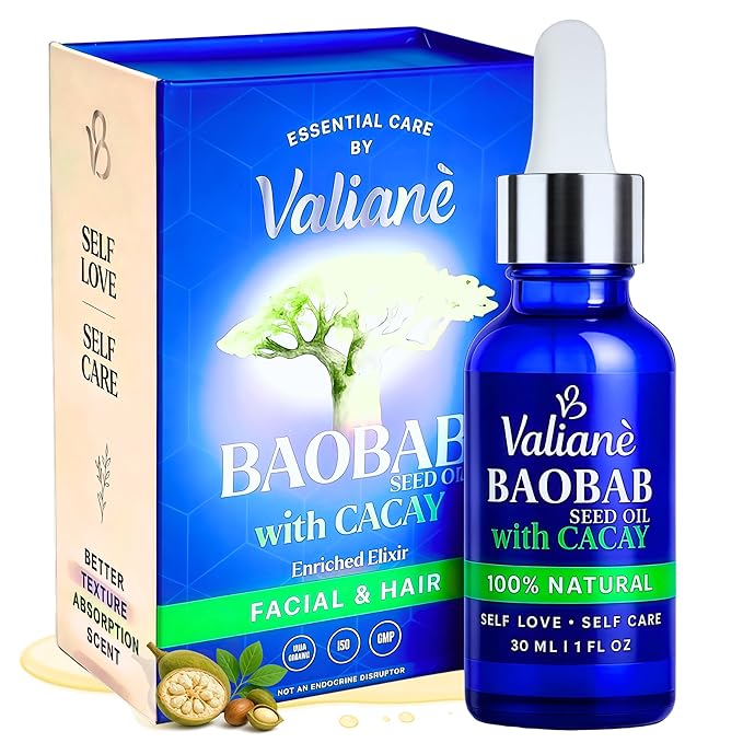 BAOBAB OIL + CACAY for HAIR & FACE Premium Enriched Blend - Hair Oil & Beard Oil - Facial Serum - Cold-Pressed Lightweight Fast-Absorbing, 100% NATURAL - for Body Neck Décolleté Nails -1 fl oz Valianè